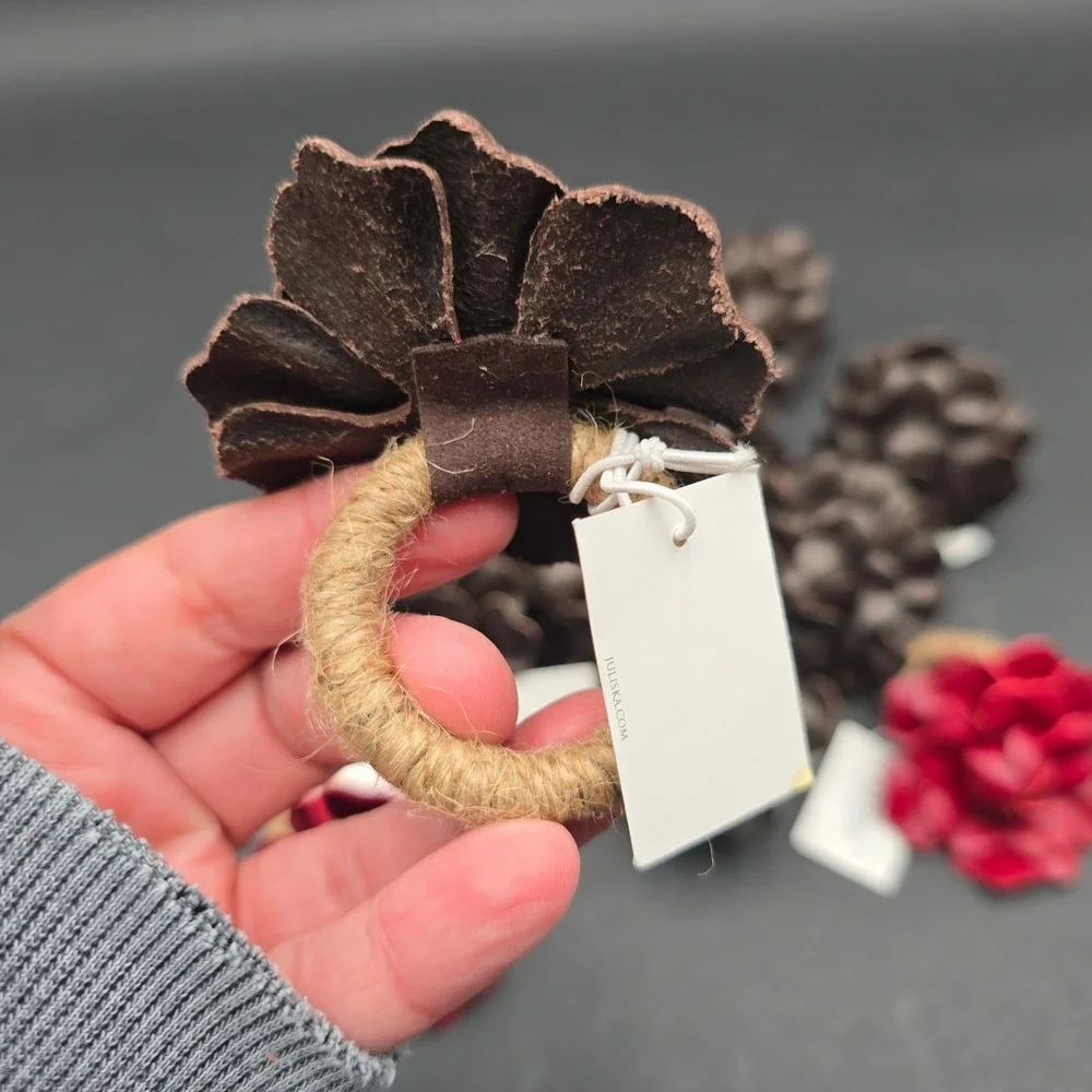 Juliska Leather Flower Napkin Rings Set of 12 Brown Red Jute Wrapped Rustic New